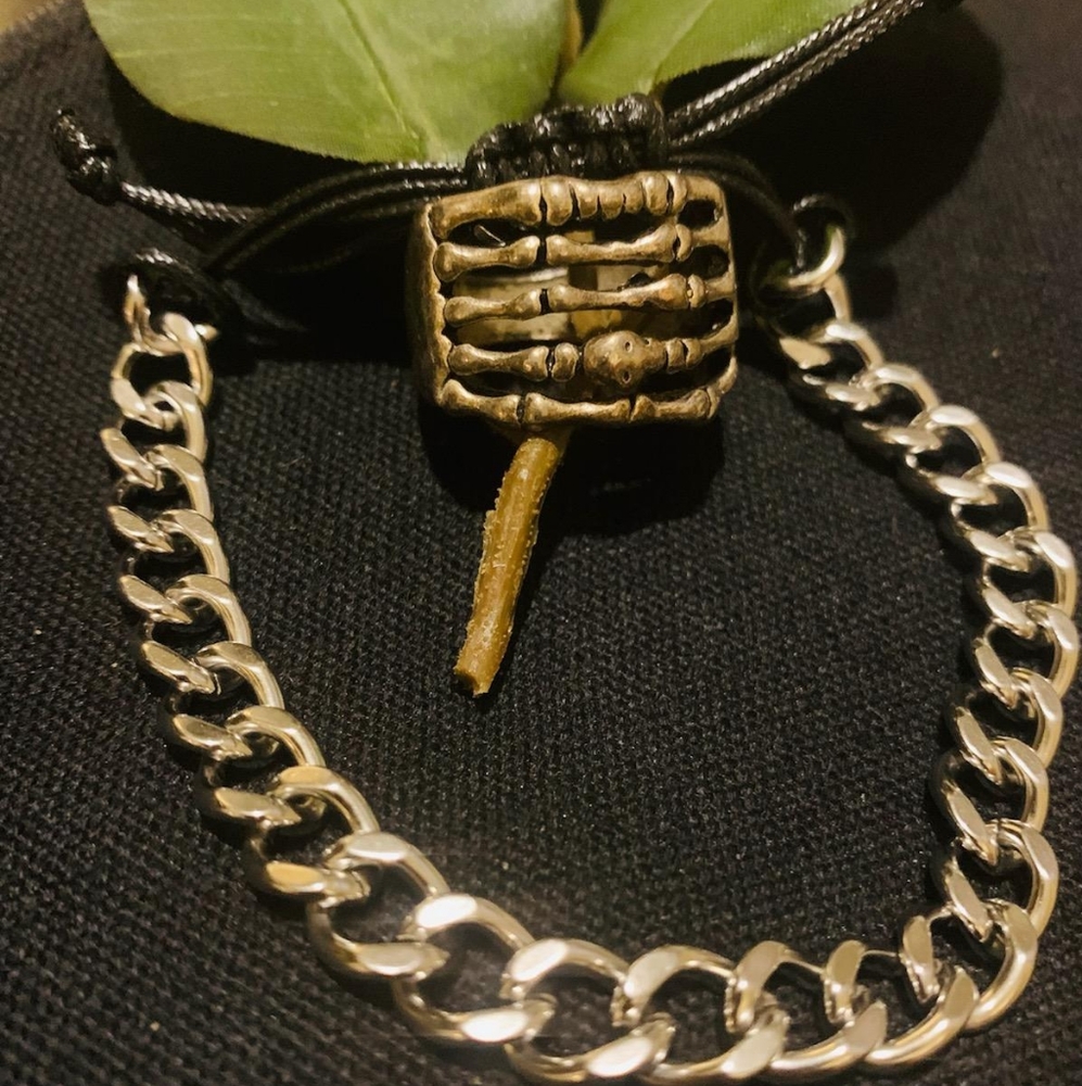 Men's Real  Silver Skull Ring  and Stainless Steel Bracelet